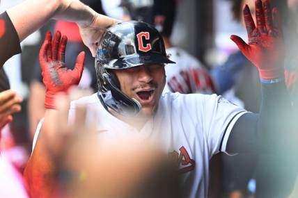 Jun 25, 2023; Cleveland, Ohio, USA; Cleveland Guardians first baseman Josh Naylor (22) celebrates after hitting a home run during the second inning against the Milwaukee Brewers at Progressive Field. Mandatory Credit: Ken Blaze-USA TODAY Sports