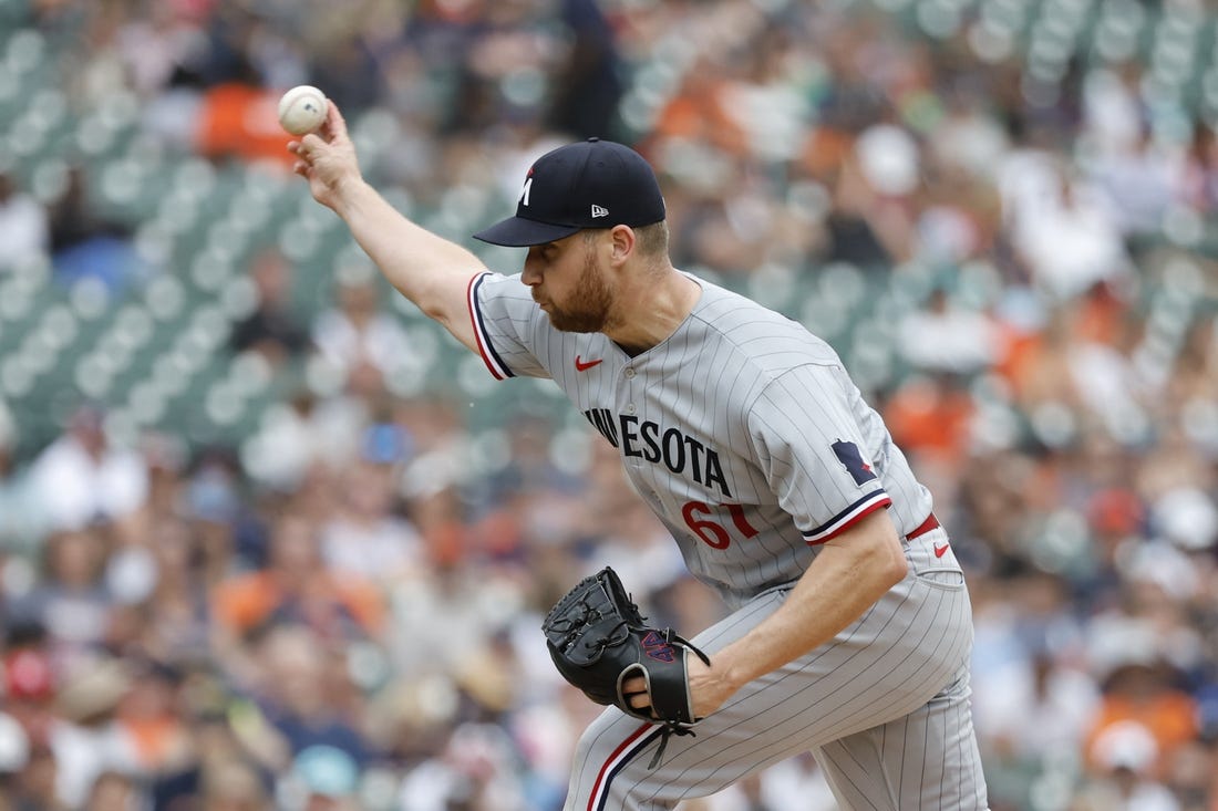 Jun 25, 2023; Detroit, Michigan, USA; Minnesota Twins relief pitcher Brock Stewart (61) pitches in the eighth inning against the Detroit Tigers at Comerica Park. Mandatory Credit: Rick Osentoski-USA TODAY Sports
