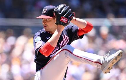 Jun 25, 2023; San Diego, California, USA; Washington Nationals starting pitcher MacKenzie Gore (1) throws a pitch against the San Diego Padres during the second inning at Petco Park. Mandatory Credit: Orlando Ramirez-USA TODAY Sports