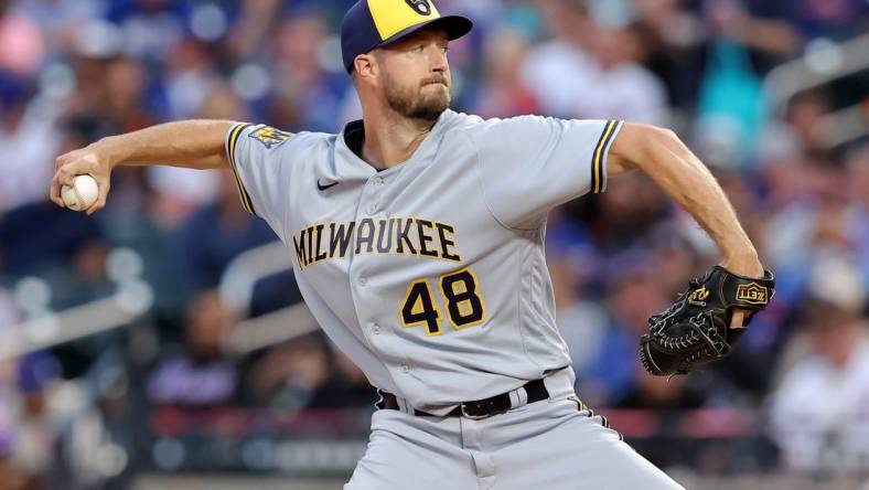 Jun 26, 2023; New York City, New York, USA; Milwaukee Brewers starting pitcher Colin Rea (48) pitches against the New York Mets during the third inning at Citi Field. Mandatory Credit: Brad Penner-USA TODAY Sports