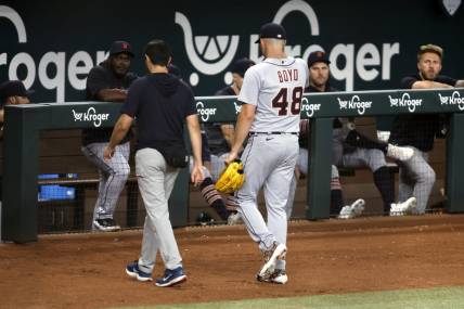 Jun 26, 2023; Arlington, Texas, USA; Detroit Tigers starting pitcher Matthew Boyd (48) leaves the field with an injury in the first inning against the Texas Rangers at Globe Life Field. Mandatory Credit: Tim Heitman-USA TODAY Sports