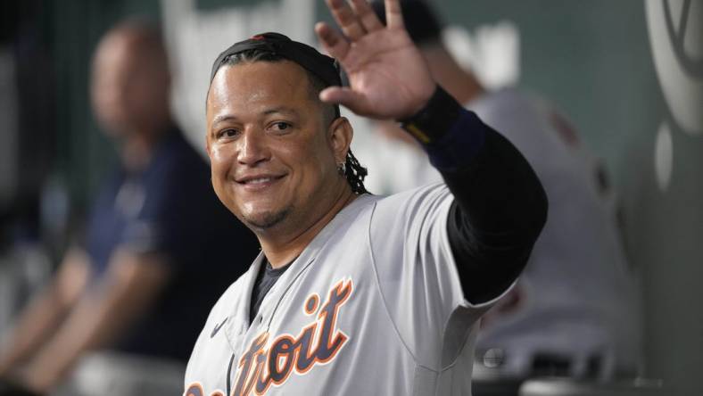 Jun 27, 2023; Arlington, Texas, USA; Detroit Tigers designated hitter Miguel Cabrera (24) waves to fans from the dugout during the first inning against the Texas Rangers at Globe Life Field. Mandatory Credit: Jim Cowsert-USA TODAY Sports