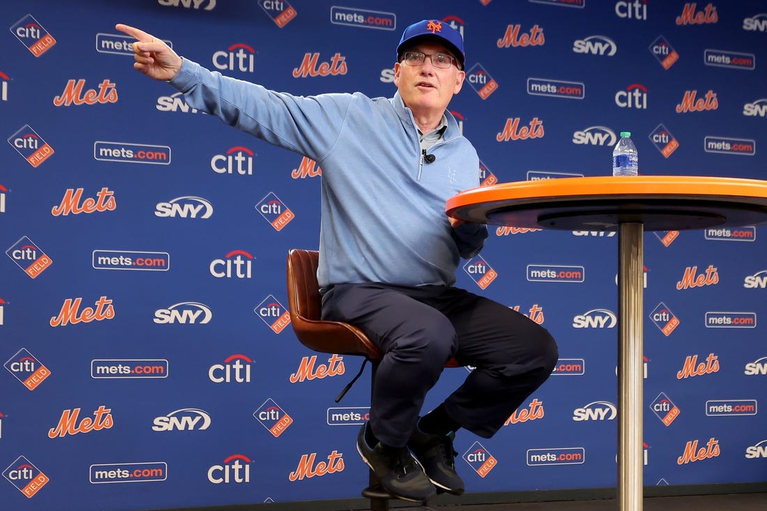 Jun 28, 2023; New York City, New York, USA; New York Mets owner Steve Cohen speaks to the media during a press conference before a game against the Milwaukee Brewers at Citi Field. Mandatory Credit: Brad Penner-USA TODAY Sports