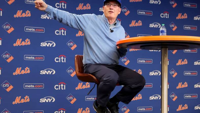 Jun 28, 2023; New York City, New York, USA; New York Mets owner Steve Cohen speaks to the media during a press conference before a game against the Milwaukee Brewers at Citi Field. Mandatory Credit: Brad Penner-USA TODAY Sports