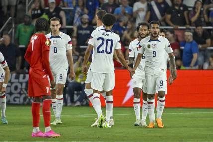 Jun 28, 2023; St. Louis, Missouri, USA; United States forward Jesus Ferreira (9) celebrates with teammates after scoring against Saint Kitts and Nevis during the first half at CITYPARK. Mandatory Credit: Jeff Curry-USA TODAY Sports