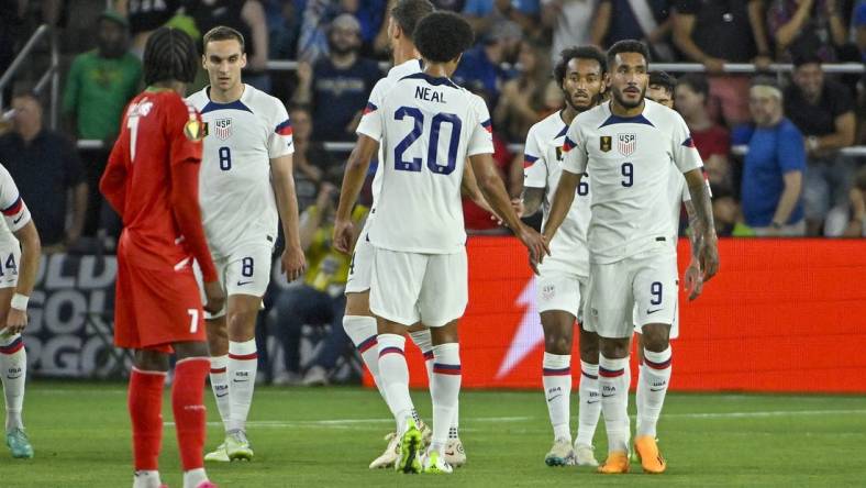 Jun 28, 2023; St. Louis, Missouri, USA; United States forward Jesus Ferreira (9) celebrates with teammates after scoring against Saint Kitts and Nevis during the first half at CITYPARK. Mandatory Credit: Jeff Curry-USA TODAY Sports