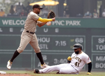 Jun 29, 2023; Pittsburgh, Pennsylvania, USA; San Diego Padres shortstop Xander Bogaerts (2) throws to first base after a force out of Pittsburgh Pirates first baseman Carlos Santana (41) at second base during the second inning at PNC Park. Mandatory Credit: Charles LeClaire-USA TODAY Sports