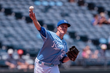 Jun 29, 2023; Kansas City, Missouri, USA; Kansas City Royals starting pitcher Zack Greinke (23) throws to first base during the second inning against the Cleveland Guardians at Kauffman Stadium. Mandatory Credit: William Purnell-USA TODAY Sports