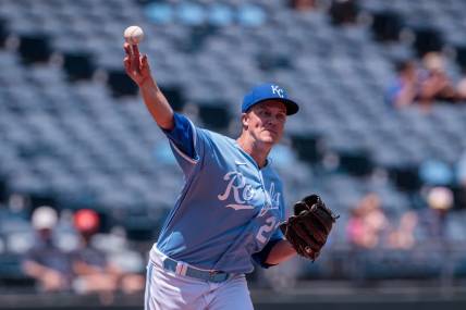 Jun 29, 2023; Kansas City, Missouri, USA; Kansas City Royals starting pitcher Zack Greinke (23) throws to first base during the second inning against the Cleveland Guardians at Kauffman Stadium. Mandatory Credit: William Purnell-USA TODAY Sports