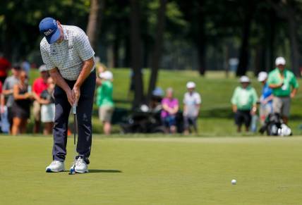 Rod Pampling sinks a par putt on the 9th hole during the first round for the 2023 U.S. Senior Open on Thursday, June 29, 2023, at SentryWorld in Stevens Point, Wis. Pampling fired an opening round score of 3-under par.Tork Mason/USA TODAY NETWORK-Wisconsin
