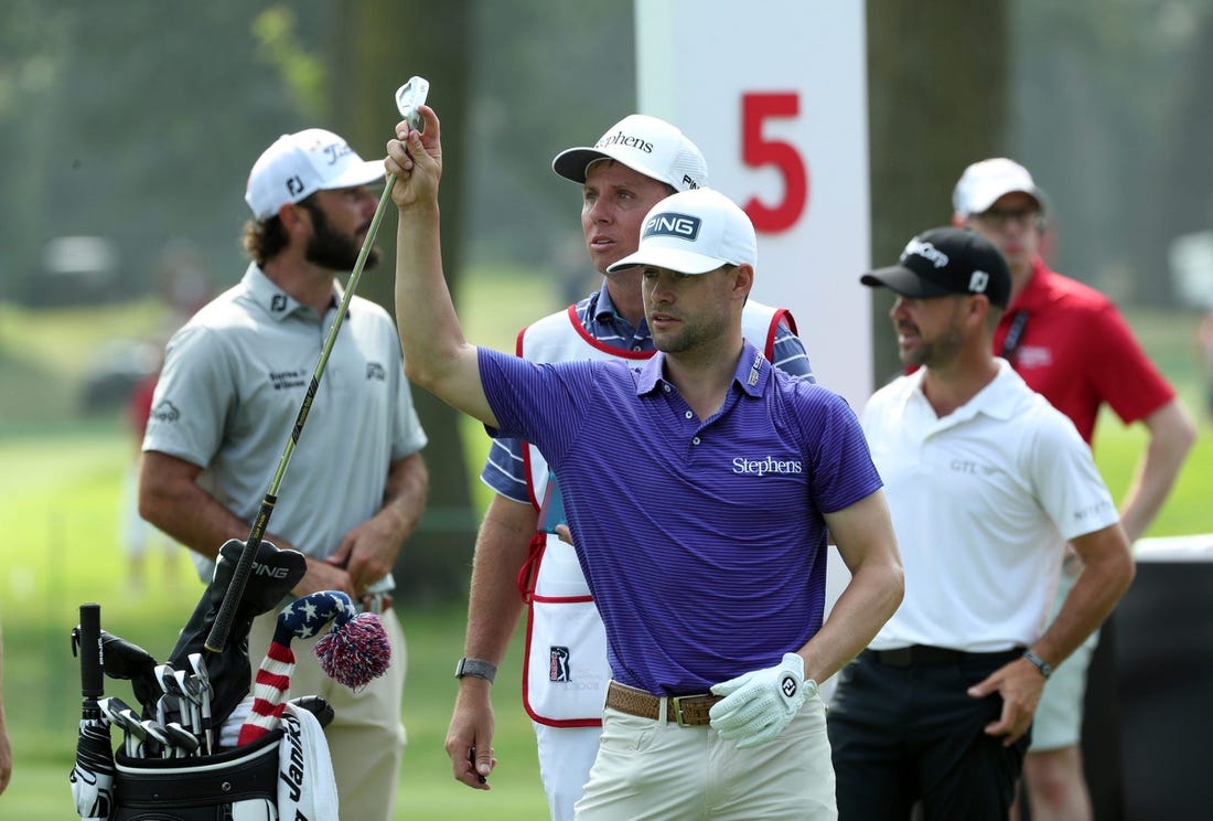 June 30, 2023; Detroit, MI, USA; Taylor Moore prepares to tee off on the fifth hole during the second round of the Rocket Mortgage Classic on Friday, June 29, 2023, at the Detroit Golf Club. Mandatory Credit: Kirthmon F. Dozier-USA TODAY Sports