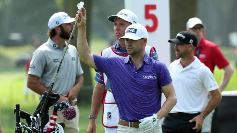 June 30, 2023; Detroit, MI, USA; Taylor Moore prepares to tee off on the fifth hole during the second round of the Rocket Mortgage Classic on Friday, June 29, 2023, at the Detroit Golf Club. Mandatory Credit: Kirthmon F. Dozier-USA TODAY Sports