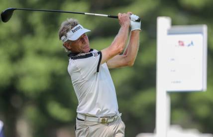 Bernhard Langer holds his follow-through after hitting his tee shot on the 10th hole during the second round for the 2023 U.S. Senior Open on Friday, June 30, 2023, at SentryWorld in Stevens Point, Wis. Tork Mason/USA TODAY NETWORK-Wisconsin