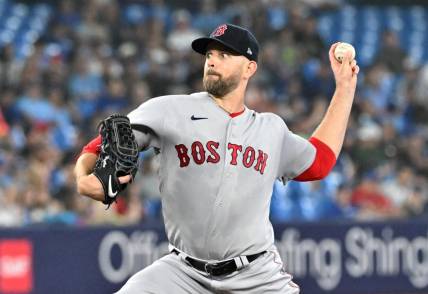 Jun 30, 2023; Toronto, Ontario, CAN; Boston Red Sox starting pitcher James Paxton (65) delivers a pitch against the Toronto Blue Jays in the first inning at Rogers Centre. Mandatory Credit: Dan Hamilton-USA TODAY Sports