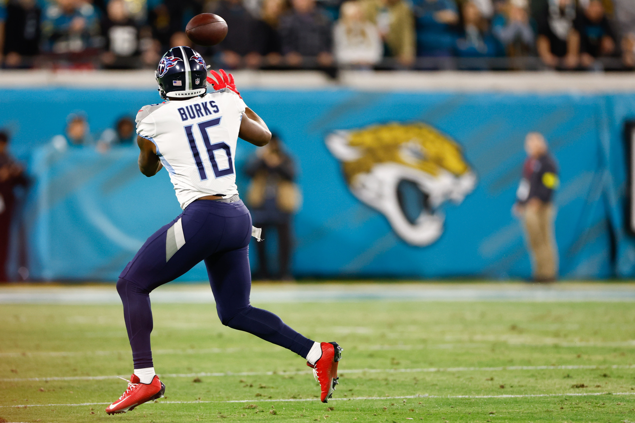 Tennessee Titans wide receiver Treylon Burks (16) runs a route