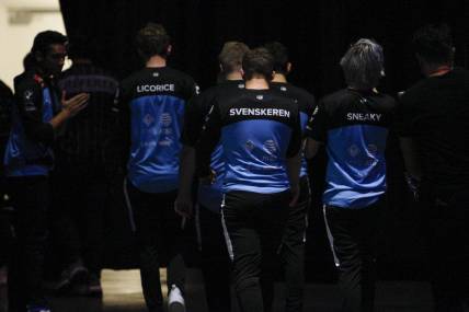 Aug 25, 2019; Detroit, MI, USA; Cloud9 player Dennis Johnsen aka Svenskeren walks off the arena floor with his teammates during the LCS Summer Finals event against Team Liquid at Little Caesars Arena. Mandatory Credit: Raj Mehta-USA TODAY Sports