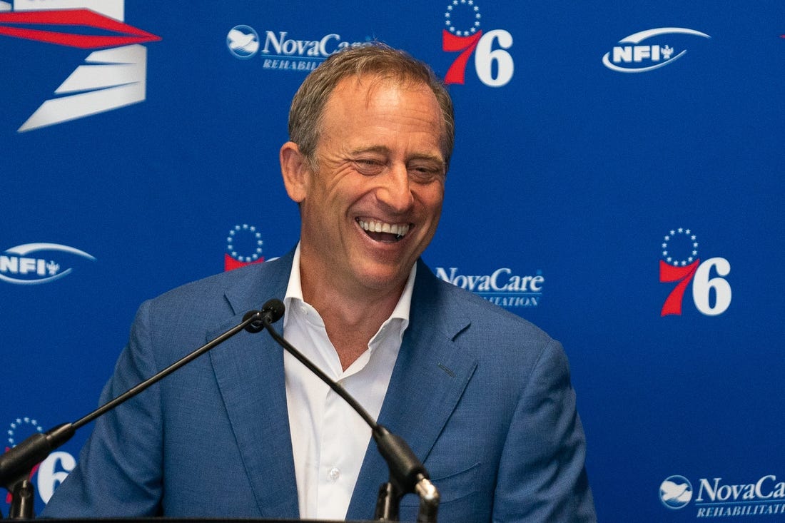 Sep 13, 2019; Philadelphia, PA, USA; Philadelphia 76ers managing partner Josh Harris speaks at the podium during the sculpture unveiling ceremony honoring Charles Barkley at the Philadelphia 76ers Training Complex. Mandatory Credit: Bill Streicher-USA TODAY Sports