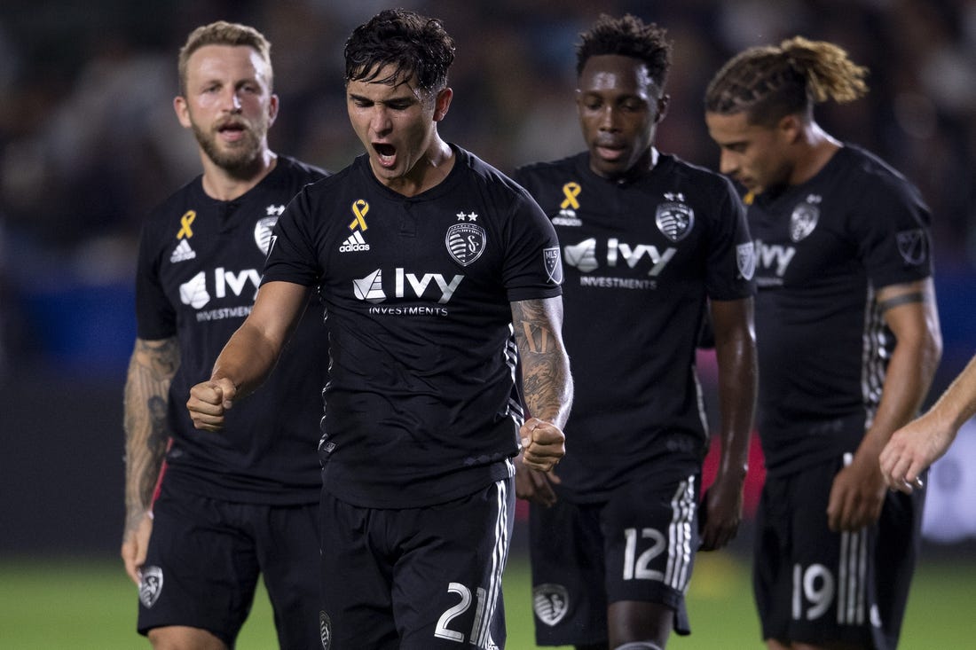 Sep 15, 2019; Carson, CA, USA; Sporting Kansas City midfielder Felipe Gutierrez (21) celebrates his goal against the LA Galaxy during the first half at StubHub Center. Mandatory Credit: Kelvin Kuo-USA TODAY Sports