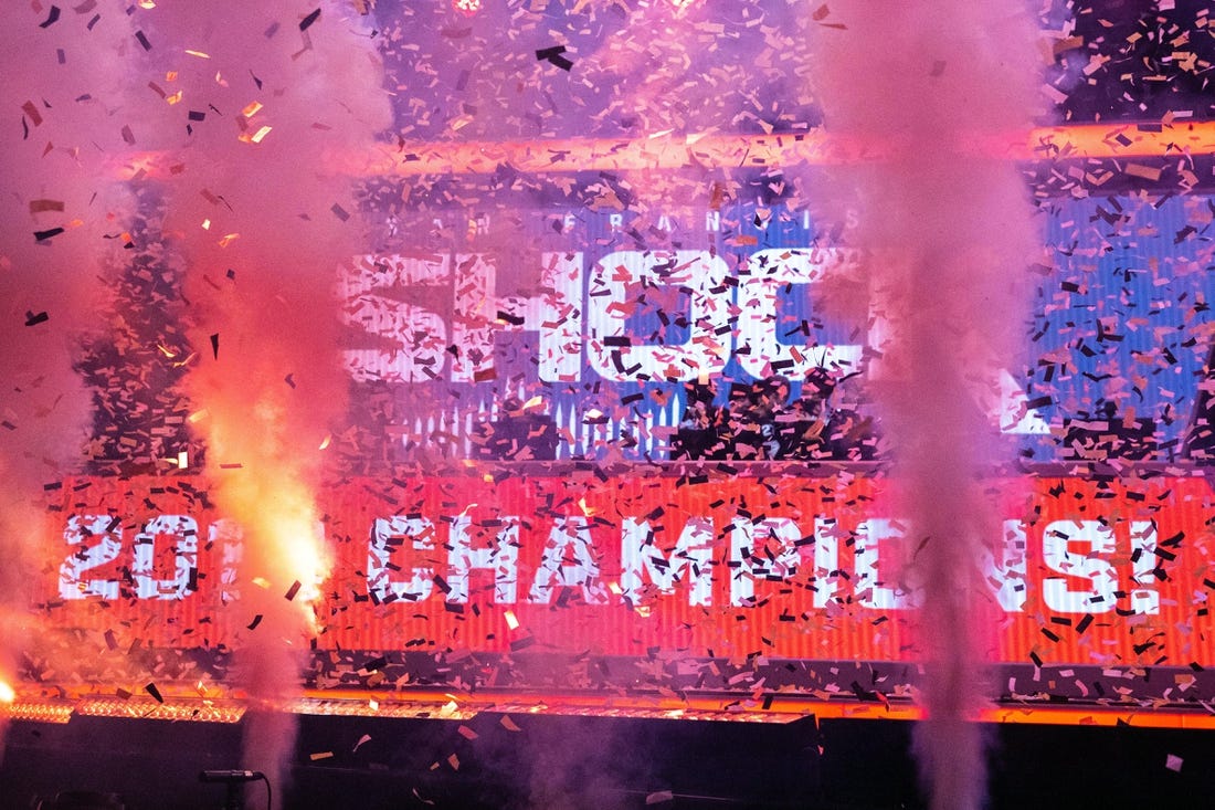 Sep 29, 2019; Philadelphia, PA, USA; The San Francisco Shock celebrate their victory in the 2019 Overwatch League Grand Finals e-sports championship against the Vancouver Titans at Wells Fargo Center. Mandatory Credit: Bill Streicher-USA TODAY Sports