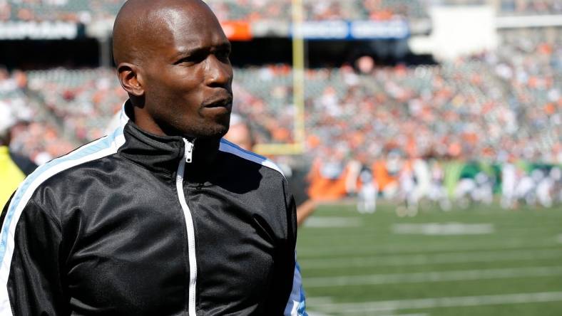 Former Bengals receiver Chad Johnson walks the sideline before the first quarter of the NFL Week 7 game between the Cincinnati Bengals and the Jacksonville Jaguars at Paul Brown Stadium in downtown Cincinnati on Sunday, Oct. 20, 2019.

Jacksonville Jaguars At Cincinnati Bengals