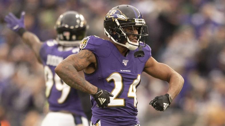 Nov 17, 2019; Baltimore, MD, USA;  Baltimore Ravens cornerback Marcus Peters (24) reacts after breaking up a pass on fourth down against the Houston Texans at M&T Bank Stadium. Mandatory Credit: Tommy Gilligan-USA TODAY Sports