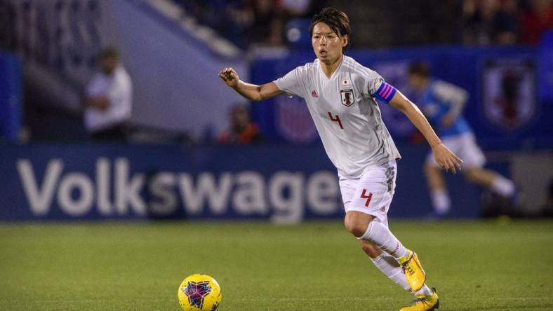 Japan defender Saki Kumagai (4) in action during the game between the US and Japan in the 2020 She Believes Cup soccer series at Toyota Stadium. Mandatory Credit: Jerome Miron-USA TODAY Sports