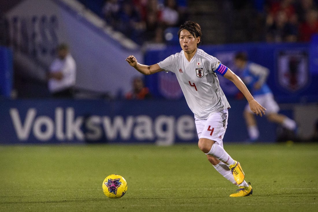 Japan defender Saki Kumagai (4) in action during the game between the US and Japan in the 2020 She Believes Cup soccer series at Toyota Stadium. Mandatory Credit: Jerome Miron-USA TODAY Sports