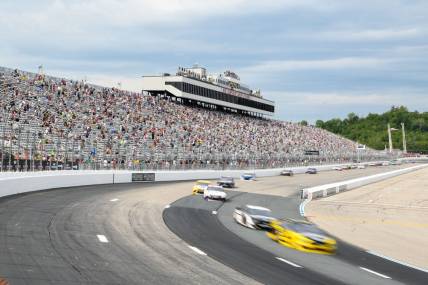 Aug 2, 2020; Loudon, New Hampshire, USA; NASCAR Cup Series driver Brad Keselowski (2) leads the field into turn one at the New Hampshire Motor Speedway. Mandatory Credit: Brian Fluharty-USA TODAY Sports