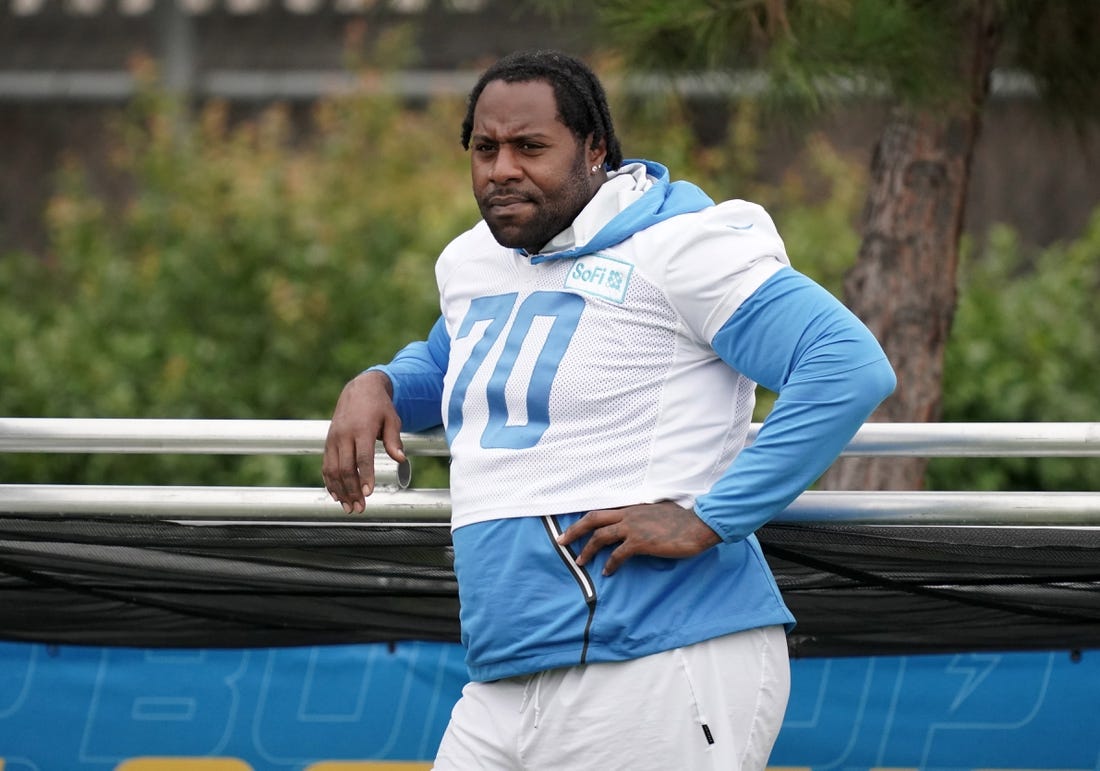 Aug 31, 2020; Costa Mesa, California, USA; Los Angeles Chargers guard Trai Turner (70) during training camp at the Jack Hammett Sprots Complex.  Mandatory Credit: Kirby Lee-USA TODAY Sports