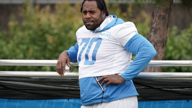 Aug 31, 2020; Costa Mesa, California, USA; Los Angeles Chargers guard Trai Turner (70) during training camp at the Jack Hammett Sprots Complex.  Mandatory Credit: Kirby Lee-USA TODAY Sports