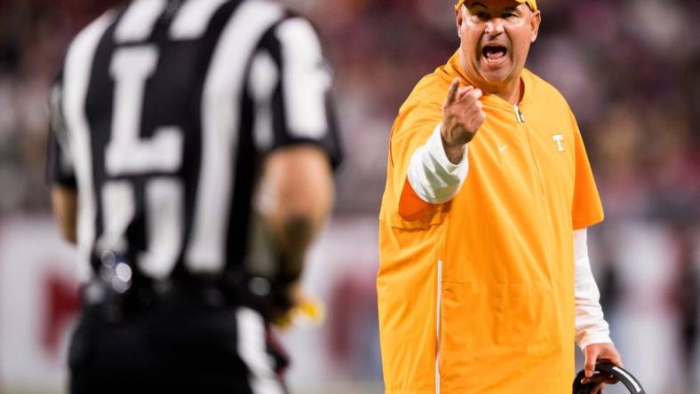 Tennessee Head Coach Jeremy Pruitt yells at an official during Tennessee's game against Alabama at Bryant-Denny Stadium in Tuscaloosa, Ala., on Saturday, October 19, 2019.

Kns Utvbama Bp RANK 9