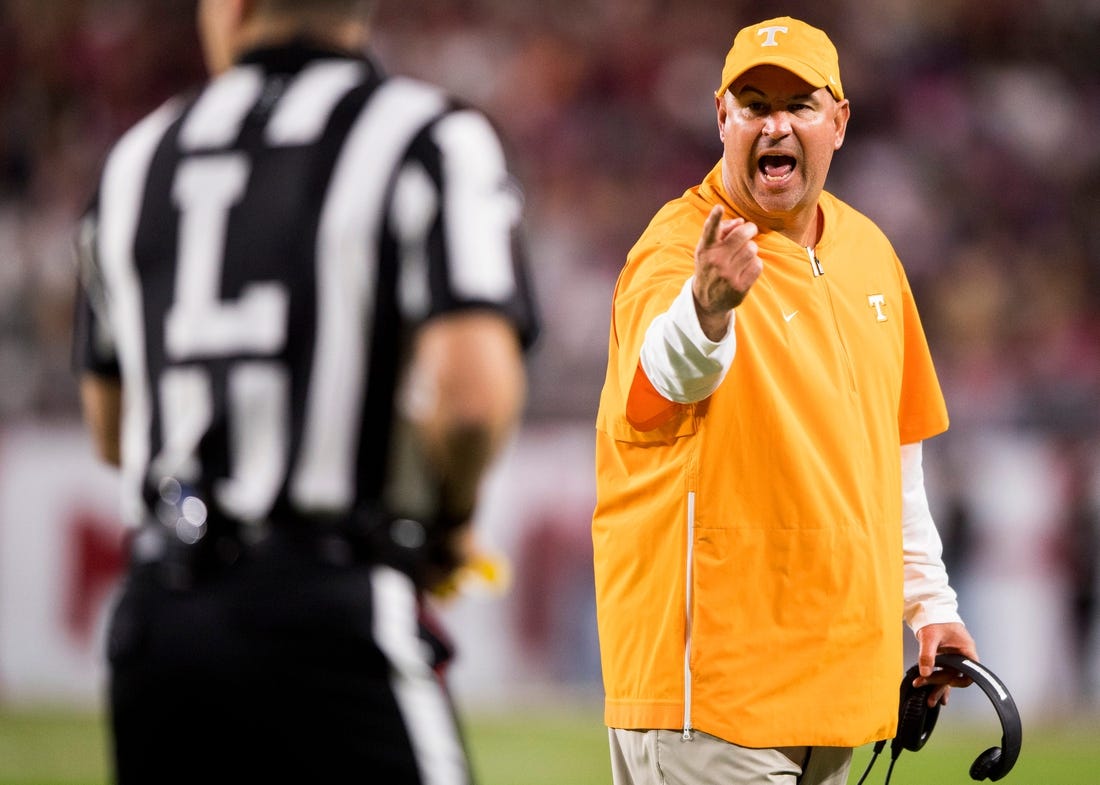 Tennessee Head Coach Jeremy Pruitt yells at an official during Tennessee's game against Alabama at Bryant-Denny Stadium in Tuscaloosa, Ala., on Saturday, October 19, 2019.

Kns Utvbama Bp RANK 9