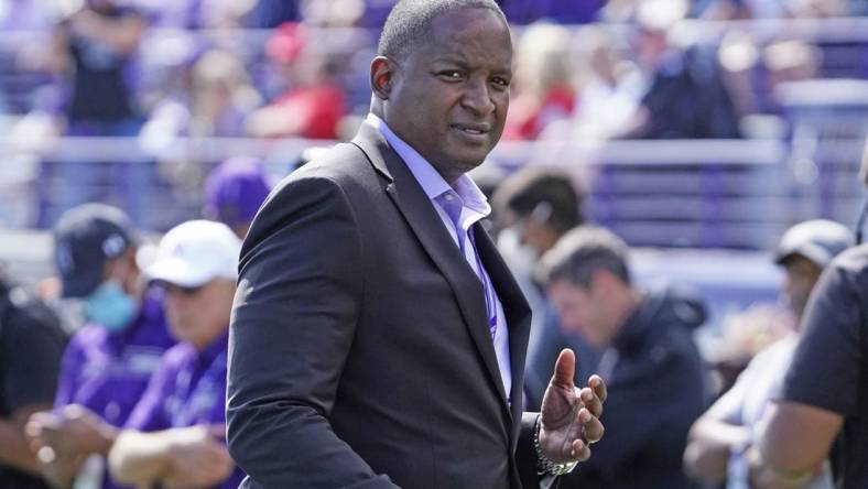 Sep 25, 2021; Evanston, Illinois, USA; Northwestern Wildcats athletic director Derrick Gragg on the sidelines during the second half against the Ohio Bobcats at Ryan Field. Mandatory Credit: David Banks-USA TODAY Sports