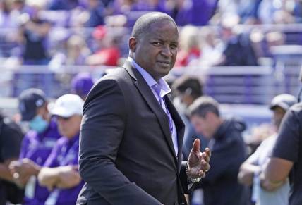Sep 25, 2021; Evanston, Illinois, USA; Northwestern Wildcats athletic director Derrick Gragg on the sidelines during the second half against the Ohio Bobcats at Ryan Field. Mandatory Credit: David Banks-USA TODAY Sports