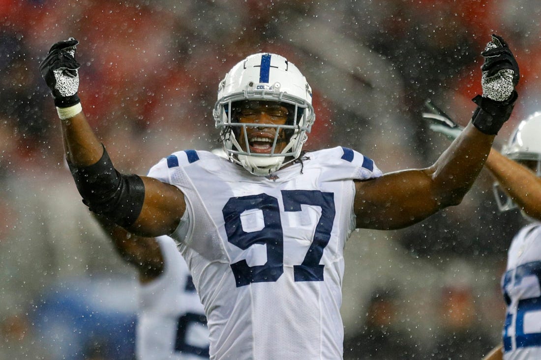 Indianapolis Colts defensive end Al-Quadin Muhammad (97) celebrates a fumble recovery by the team during the second half of the game Sunday, Oct. 24, 2021, at Levi's Stadium in Santa Clara, Calif.

Indianapolis Colts Visit The San Francisco 49ers For Nfl Week 7 At Levi S Stadium In Santa Clara Calif Sunday Oct 24 2021