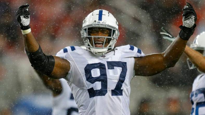 Indianapolis Colts defensive end Al-Quadin Muhammad (97) celebrates a fumble recovery by the team during the second half of the game Sunday, Oct. 24, 2021, at Levi's Stadium in Santa Clara, Calif.

Indianapolis Colts Visit The San Francisco 49ers For Nfl Week 7 At Levi S Stadium In Santa Clara Calif Sunday Oct 24 2021