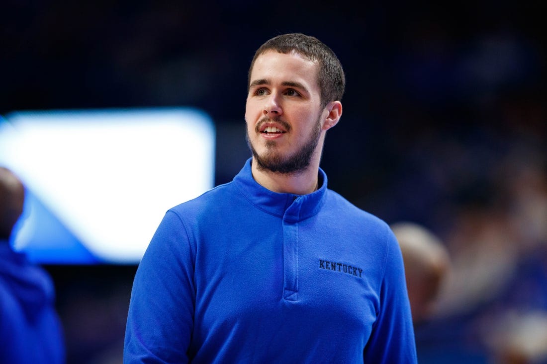 Dec 7, 2021; Lexington, Kentucky, USA; Kentucky Wildcats graduate assistant coach Brad Calipari walks onto the court prior to the game against the Southern University Jaguars  at Rupp Arena at Central Bank Center. Mandatory Credit: Jordan Prather-USA TODAY Sports