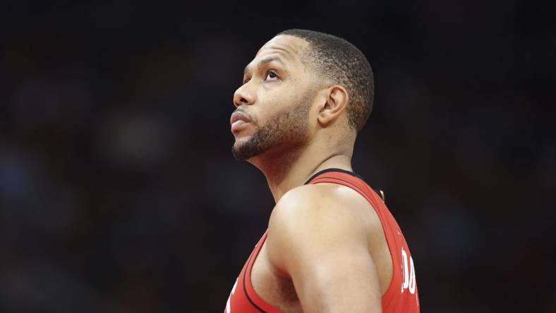 Jan 31, 2022; Houston, Texas, USA; Houston Rockets guard Eric Gordon (10) reacts during the game against the Golden State Warriors at Toyota Center. Mandatory Credit: Troy Taormina-USA TODAY Sports