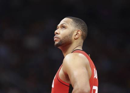 Jan 31, 2022; Houston, Texas, USA; Houston Rockets guard Eric Gordon (10) reacts during the game against the Golden State Warriors at Toyota Center. Mandatory Credit: Troy Taormina-USA TODAY Sports