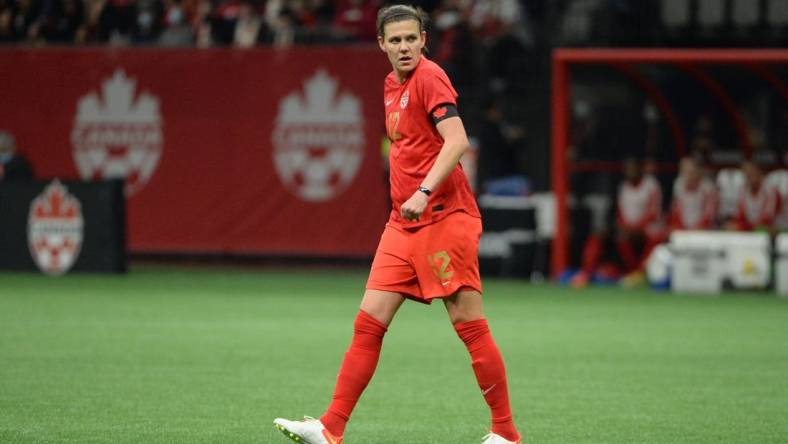 Apr 8, 2022; Vancouver, BC, Canada;  Women's Canadian National forward Christine Sinclair (12) awaits the start of play against the Women's Nigeria National team during the first half at BC Place. Mandatory Credit: Anne-Marie Sorvin-USA TODAY Sports