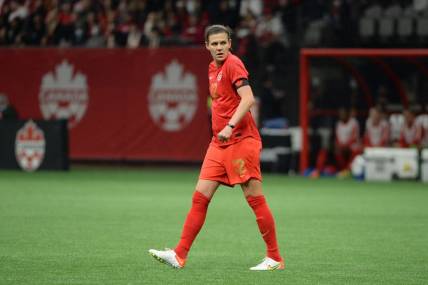 Apr 8, 2022; Vancouver, BC, Canada;  Women's Canadian National forward Christine Sinclair (12) awaits the start of play against the Women's Nigeria National team during the first half at BC Place. Mandatory Credit: Anne-Marie Sorvin-USA TODAY Sports