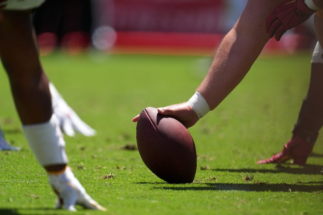 Apr 23, 2022; Los Angeles, CA, USA; A general overall view of the line of scrimmage as Southern California Trojans center Andrew Milek snaps the ball during the spring game at the Los Angeles Memorial Coliseum. Mandatory Credit: Kirby Lee-USA TODAY Sports