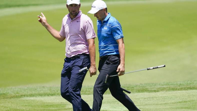 Scottie Scheffler and Jordan Spieth walk to the 9th green during the second round of the AT&T Byron Nelson golf tournament. Mandatory Credit: Raymond Carlin III-USA TODAY Sports