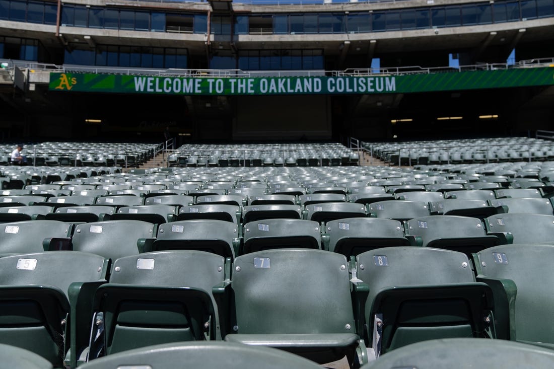 Jun 1, 2022; Oakland, California, USA; A general view of the seats at RingCentral Coliseum before the game between the Oakland Athletics and the Houston Astros. Mandatory Credit: Stan Szeto-USA TODAY Sports