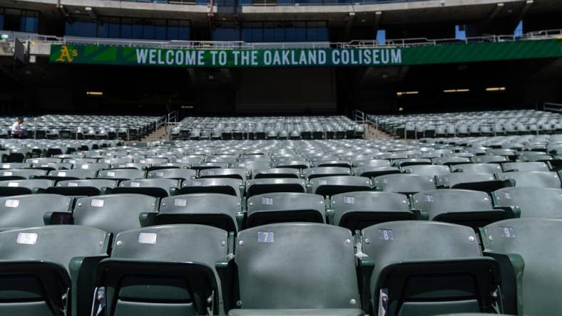 Jun 1, 2022; Oakland, California, USA; A general view of the seats at RingCentral Coliseum before the game between the Oakland Athletics and the Houston Astros. Mandatory Credit: Stan Szeto-USA TODAY Sports