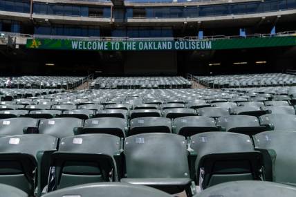 Jun 1, 2022; Oakland, California, USA; A general view of the seats at RingCentral Coliseum before the game between the Oakland Athletics and the Houston Astros. Mandatory Credit: Stan Szeto-USA TODAY Sports