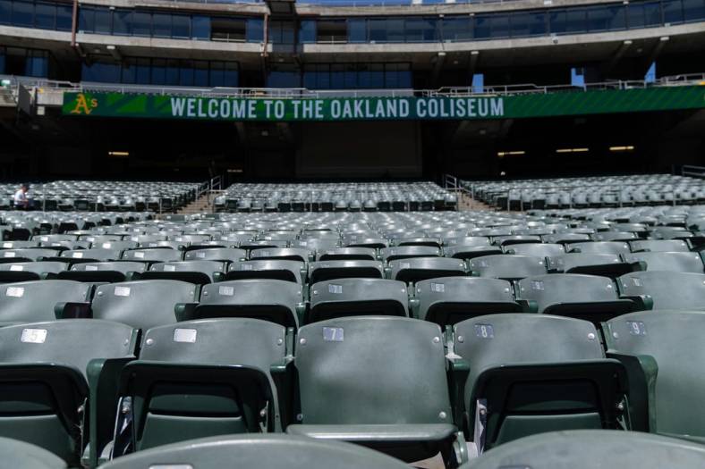 Jun 1, 2022; Oakland, California, USA; A general view of the seats at RingCentral Coliseum before the game between the Oakland Athletics and the Houston Astros. Mandatory Credit: Stan Szeto-USA TODAY Sports