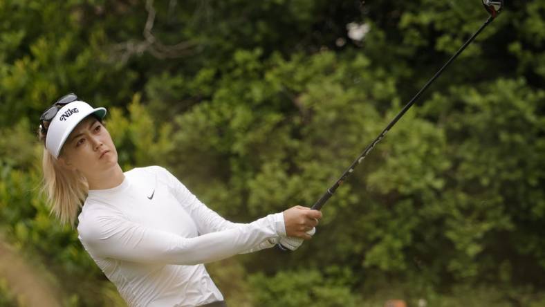 Jun 3, 2022; Southern Pines, North Carolina, USA; Michelle Wie West hits a tee shot on the ninth hole during the second round of the U.S. Women's Open. Mandatory Credit: Geoff Burke-USA TODAY Sports