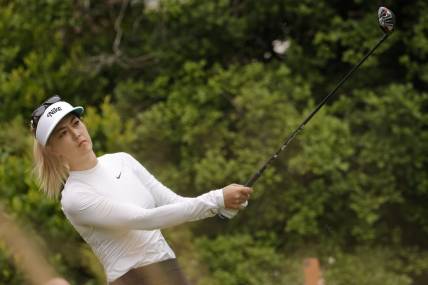 Jun 3, 2022; Southern Pines, North Carolina, USA; Michelle Wie West hits a tee shot on the ninth hole during the second round of the U.S. Women's Open. Mandatory Credit: Geoff Burke-USA TODAY Sports