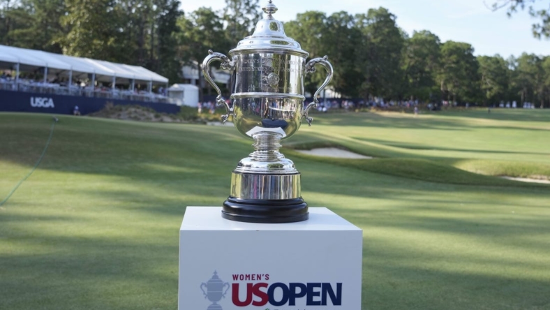 A general view of the Champions Trophy during the final round of the 2022 U.S. Women's Open. Mandatory Credit: David Yeazell-USA TODAY Sports
